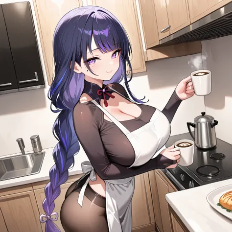 masterpiece, best quality, very aesthetic, absurdres, safe, raiden shogun, wearing a black cleavage shirt, with an white cleavage apron, black hot pants, kitchen, drinking coffee, in a Japanese apartment, ultra very big breast, smile face, sexy pose, one ...