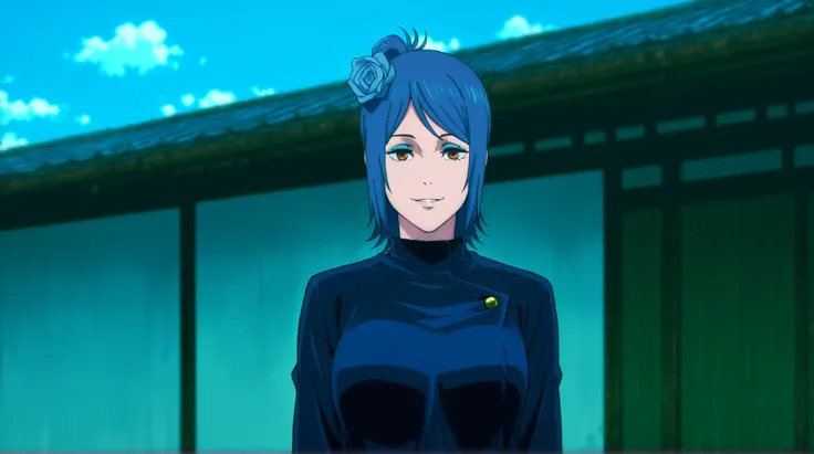 front view,
1girl,mature female,milf, Medium breasts,upper body,looking at viewer,
Best quality,masterpiece,,high quality,highres,absurdres,epic scene,natural textures,konan,hair flower,flower,hair ornament,blue hair,blue eyeshadow,orange eyes, wearing a m...