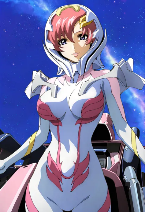 masterpiece,best quality,lacus_c, 1girl, anime coloring, solo, short hair, pink hair, hair ornament,lacus helmet, hair between eyes, purple eyes, lipstick, lacus pilot suit, pink, large breasts, light smile, parted lips ,cockpit, window, space, starry sky,...