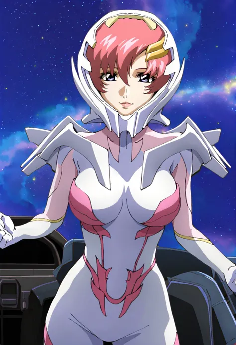 masterpiece,best quality,lacus_c, 1girl, anime coloring, solo, short hair, pink hair, hair ornament,lacus helmet, hair between eyes, purple eyes, lipstick, lacus pilot suit, pink, large breasts, light smile, parted lips ,cockpit, window, space, starry sky,...