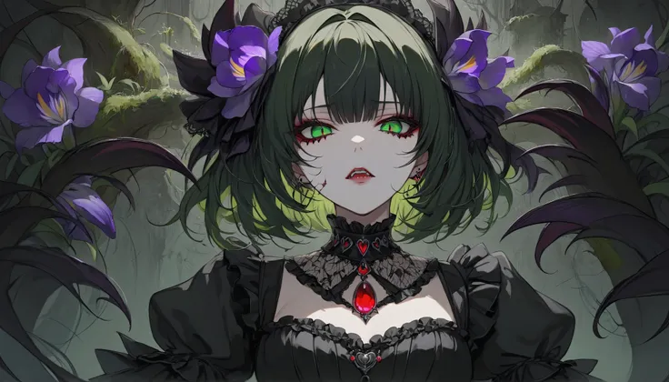Top quality, masterpiece, 748cm style, upper body, single female, intimidating eyes, glowing purple irises, dark silky hair with subtle red highlights, gothic lolita fashion, glamorous lace collar, blood red gemstone jewelry, slightly parted lips and fangs...