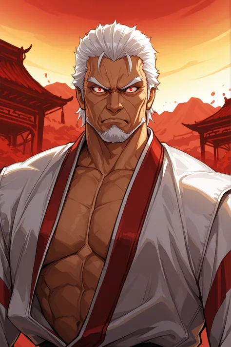 {{upper body}}, ((bulky build)), {{white clothing}}, mature man, chinese martial arts master, cultivator, fantasy chinese clothing, red fierce eyes,  white hair, serious expression, light skin, {{muscular male}}, {{complementary colors}}, 1boy, beautifully...