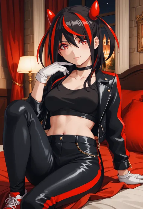 Score_9, Score_8_up, Score_7_up, bright skin: 0.1, anime_source, deep skin, high quality, high resolution, (curvy), ((wide hips)), medium breasts, cute, sexy, 1 girl, BREAK HaneruEmi, HaneruEmi, long hair, black hair, red highlights, red eyeshadow, red eye...