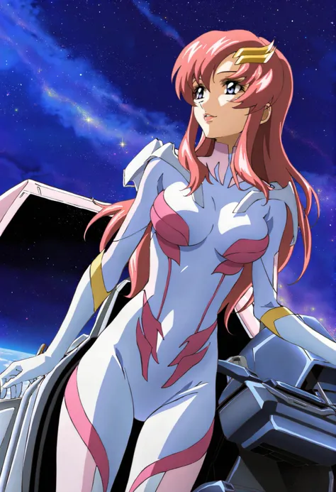 masterpiece,best quality,lacus_c, 1girl, anime coloring, solo, long hair, pink hair, hair ornament, purple eyes, lipstick, lacus pilot suit, pink, medium breasts, light smile, parted lips ,cockpit, window, space, starry sky, standing
