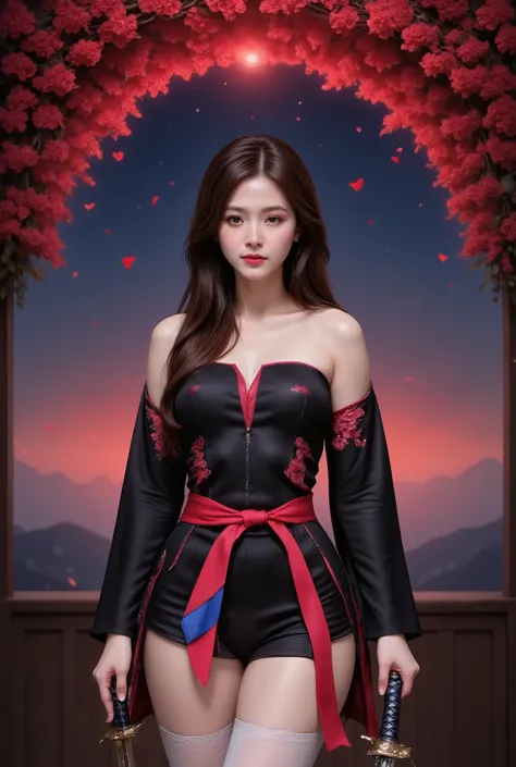 A highly detailed, photorealistic rendering of a confident and striking character with long, flowing black hair and captivating red eyes. The character exudes an air of elegance and strength, dressed in a traditional yet modernized Japanese-inspired outfit...