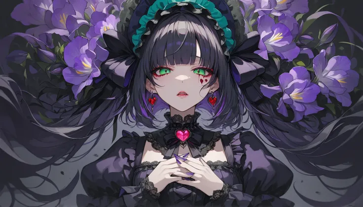 Top quality, masterpiece, 748cm style, upper body, single woman, intimidating eyes, glowing purple irises, dark silky hair with subtle red highlights, gothic lolita fashion, ornate lace collar, blood red gemstone jewelry, slightly parted lips and fangs, pa...