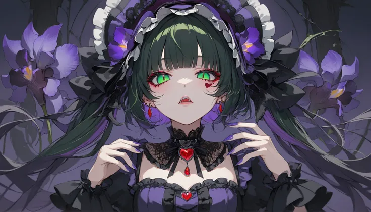 Top quality, masterpiece, 748cm style, upper body, single woman, intimidating eyes, glowing purple irises, dark silky hair with subtle red highlights, gothic lolita fashion, ornate lace collar, blood red gemstone jewelry, slightly parted lips and fangs, pa...