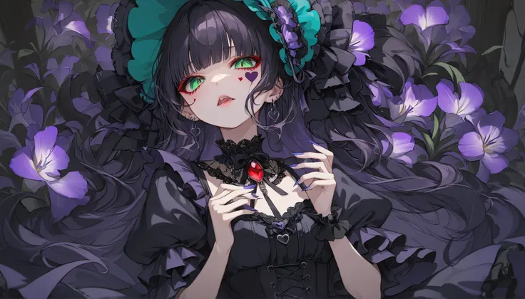 Top quality, masterpiece, 748cm style, upper body, single woman, intimidating eyes, glowing purple irises, dark silky hair with subtle red highlights, gothic lolita fashion, ornate lace collar, blood red gemstone jewelry, slightly parted lips and fangs, pa...