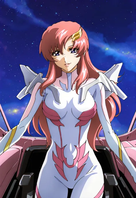 masterpiece,best quality,lacus_c, 1girl, anime coloring, solo, long hair, pink hair, hair ornament, purple eyes, lipstick, lacus pilot suit, pink, medium breasts, light smile, parted lips ,cockpit, window, space, starry sky, standing
