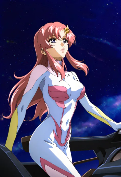 masterpiece,best quality,lacus_c, 1girl, anime coloring, solo, long hair, pink hair, hair ornament, purple eyes, lipstick, lacus pilot suit, pink, medium breasts, light smile, parted lips ,cockpit, window, space, starry sky, standing
