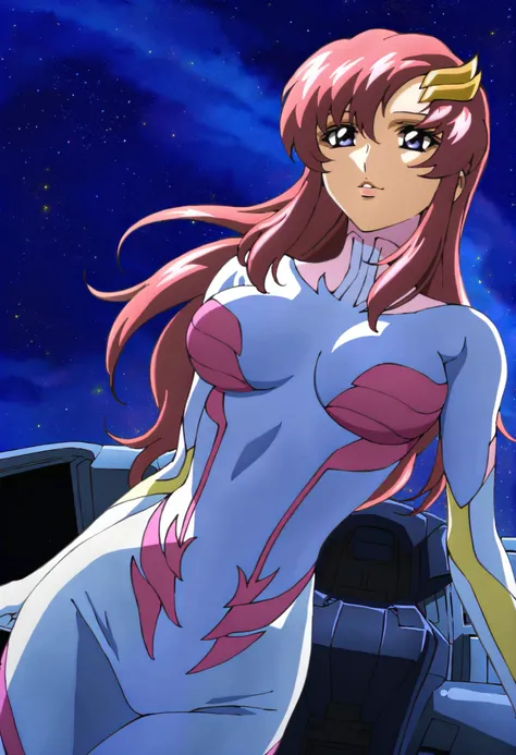 masterpiece,best quality,lacus_c, 1girl, anime coloring, solo, long hair, pink hair, hair ornament, purple eyes, lipstick, lacus pilot suit, pink, medium breasts, light smile, parted lips ,cockpit, window, space, starry sky, standing
