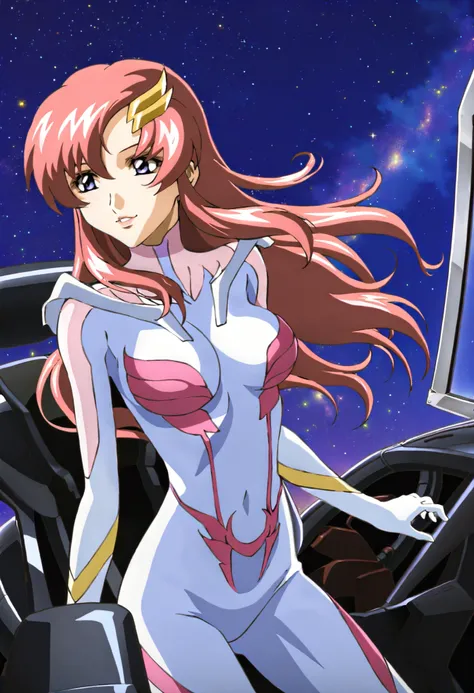masterpiece,best quality,lacus_c, 1girl, anime coloring, solo, long hair, pink hair, hair ornament, purple eyes, lipstick, lacus pilot suit, pink, medium breasts, light smile, parted lips ,cockpit, window, space, starry sky, standing

