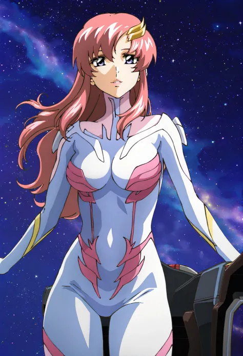 masterpiece,best quality,lacus_c, 1girl, anime coloring, solo, long hair, pink hair, hair ornament, purple eyes, lipstick, lacus pilot suit, pink, medium breasts, light smile, parted lips ,cockpit, window, space, starry sky, standing, thick arms
