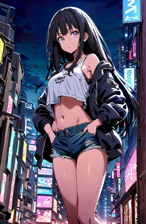 score_9, score_8_up, score_7_up, source_anime,Takiuchikami, check it out, solo,long hair, bungs, black hair with a young pattern, purple eyes,Medium breast,close your mouth,riders jacket jacket,tank top for feet,Underboob,belly button stick,denim micro sho...