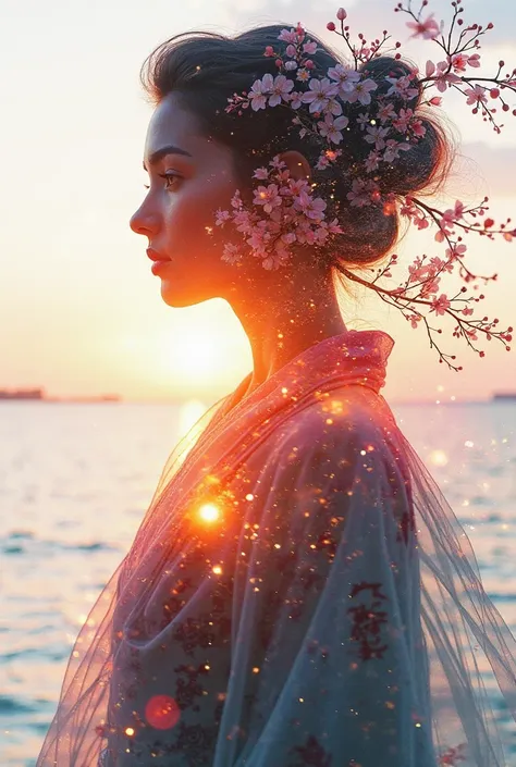 high quality, 8K Ultra HD, A beautiful double exposure that combines an goddess silhouette with sunset coast, sunset coast should serve as the underlying backdrop, with its details incorporated into the goddess , crisp lines, The background is monochrome, ...