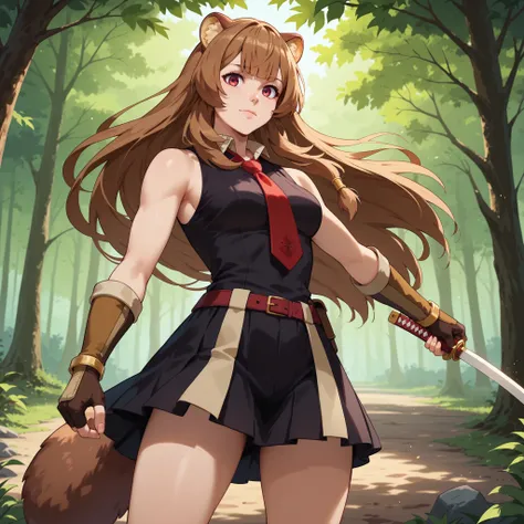 "raphtalia, from The Rising of the Shield Hero, dressed in Akame's iconic outfit from Akame ga Kill.  She wears a sleeveless black dress , with a short skirt and a red tie tied around her neck. Her long brown hair flutters as she runs through a forest illu...