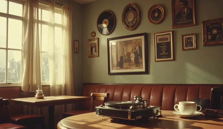Vintage cafe in Rio with vinyl records on the wall, old turntable playing bossa nova, sunlight entering through sheer curtains, a cup of coffee on the table, relaxed ambiance, nostalgic cinematic detail