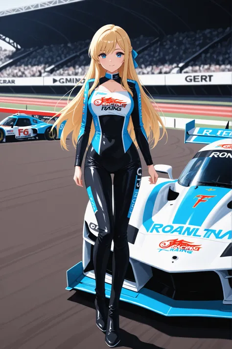 A Race Queen standing in front of an F-1 style open wheet racing car, on a racing track, in full view in a highly detailed anime style