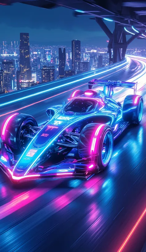 A neon-lit F1 car with holographic wings races on a floating cyberpunk track above a futuristic Tokyo skyline. Glowing energy trails streak behind the vehicle, and the driver’s visor displays augmented reality data. Style: Sci-fi realism, cyberpunk gradien...