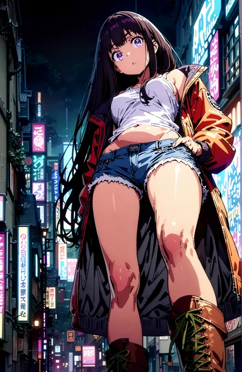 Takiuchikami, check it out, solo,long hair, bungs, black hair with a young pattern, purple eyes,Medium breast,close your mouth,riders jacket jacket,tank top for feet,Underboob,belly button stick,denim micro shorts,Bare legs,boots,I have my hands in my jack...