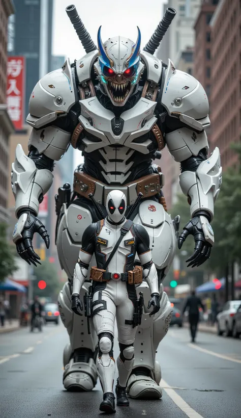 AI Prompt:
Deadpool wears a sleek white version of his classic suit, featuring black tactical straps, a silver belt buckle, and a minimal red Deadpool logo. The costume has realistic textures with subtle armor details and fabric stitching. He walks forwar...
