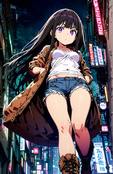 Takiuchikami, check it out, solo,long hair, bungs, black hair with a young pattern, purple eyes,Medium breast,close your mouth,riders jacket jacket,tank top for feet,Underboob,belly button stick,denim micro shorts,Bare legs,boots,I have my hands in my jack...