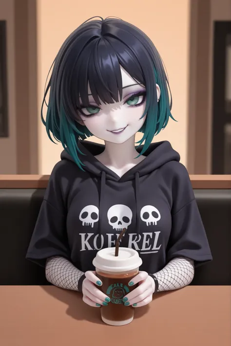 1girl, 24yo asian with pale skin and a slim and slender body. Small breasts, delicate hands and slender fingers. Has green eyes, with heavy dark emo/goth make-up shadow and eyeliner, purple painted lush lips, teal painted nails. Has bob short tousled black...