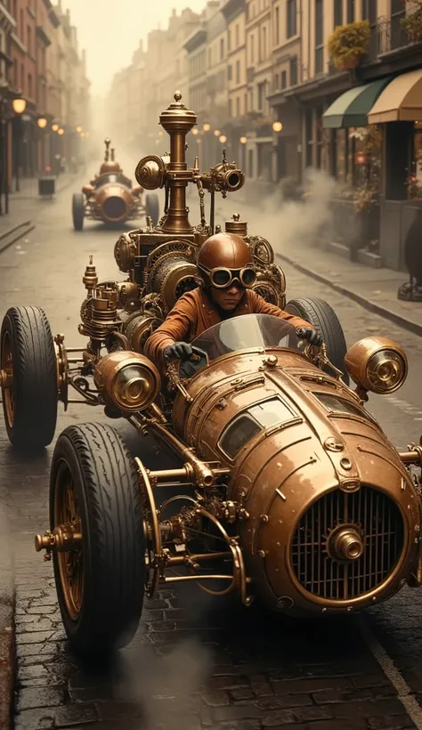 A brass-and-copper F1 car with steam-powered engines races through a Victorian-era city. Gears spin visibly, smoke billows from exhaust pipes, and the driver wears goggles and a leather aviator helmet. Style: Steampunk fantasy, sepia-toned with gold accent...
