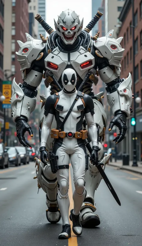 AI Prompt:
Deadpool wears a sleek white version of his classic suit, featuring black tactical straps, a silver belt buckle, and a minimal red Deadpool logo. The costume has realistic textures with subtle armor details and fabric stitching. He walks forwar...
