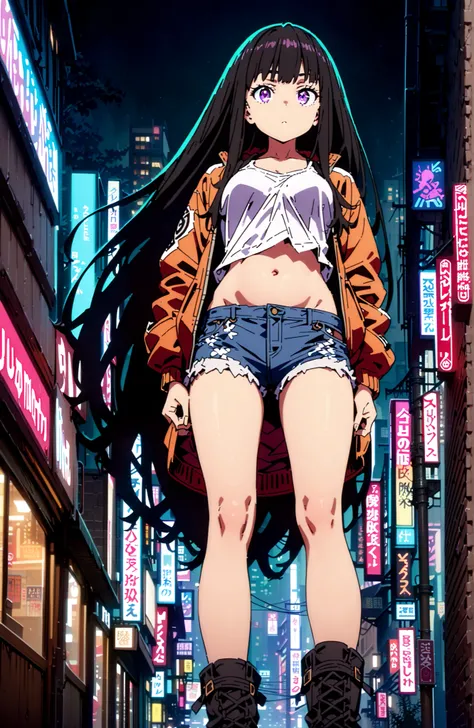 Takiuchikami, check it out, solo,long hair, bungs, black hair with a young pattern, purple eyes,Medium breast,close your mouth,riders jacket jacket,tank top for feet,Underboob,belly button stick,denim micro shorts,Bare legs,boots,I have my hands in my jack...