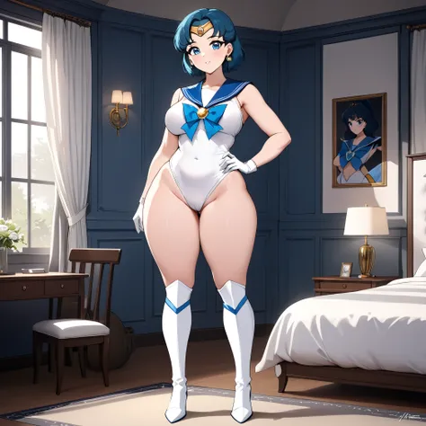 masterpiece, best quality, super detailed, full body, beauty, blue eyes, short blue hair, sailor senshi uniform, jewelry, leotard, gloves, standing, bed room. Focused on high-quality anime-style rendering, emphasizing a full-body character with detailed fe...