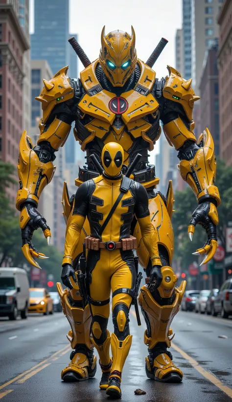 AI Prompt:
Deadpool wears a bright yellow suit with his classic design, featuring a black tactical belt, holsters, and the iconic Deadpool logo in black and red. His suit has realistic textures, with fabric details and light armor plating. He walks forwar...