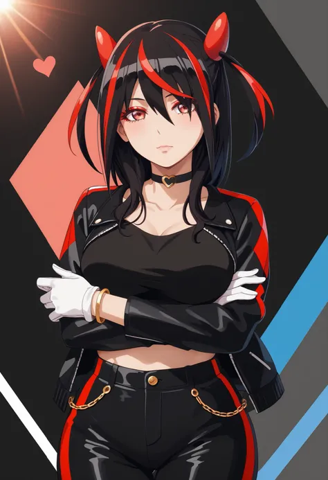Score_9, Score_8_up, Score_7_up, bright skin: 0.1, anime_source, deep skin, high_quality, high_res, (curvy), ((wide hips)), medium_breasts, cute, sexy, 1 girl, BREAK HaneruEmi, HaneruEmi, long hair, black hair, red highlights, red eyeshadow, red eyes, spik...