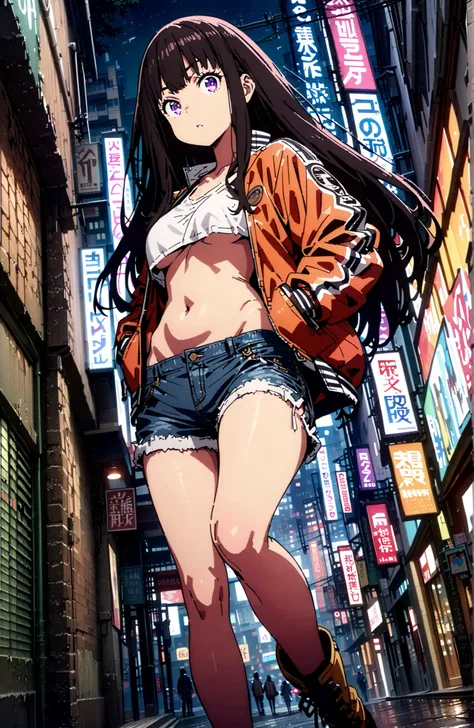 Takiuchikami, check it out, solo,long hair, bungs, black hair with a young pattern, purple eyes,Medium breast,close your mouth,riders jacket jacket,tank top for feet,Underboob,belly button stick,denim micro shorts,Bare legs,boots,hair accessory with both h...