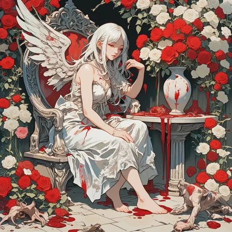 This is aesthetic art. A beautiful woman in a white dress, like a doll, is sitting on a throne-like chair in the middle of a rose garden, where red and white marbled roses bloom in chaotic harmony. From her back emerge two angel wings — or what remains of ...