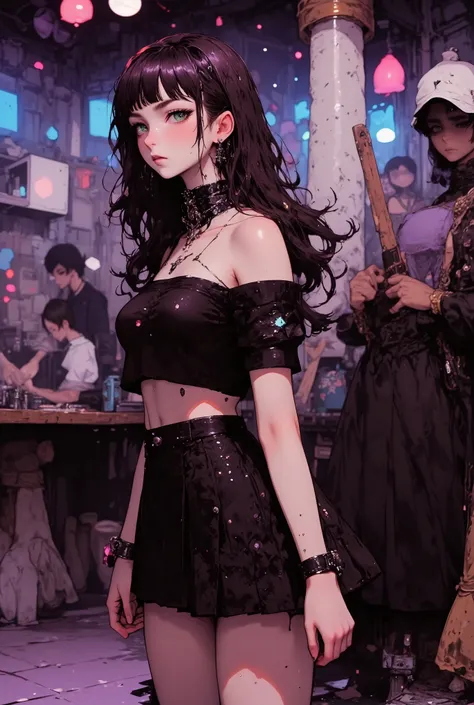 above knee : 1.8, (((side view))), from side,  best quality, masterpiece, SagawaStyle, 1girl, green eyes, fishnets, spiked collar, spikes, long hair, ear piercing, looking at viewer, black skirt, fishnet pantyhose, ((off shoulder)), live music club, brown ...