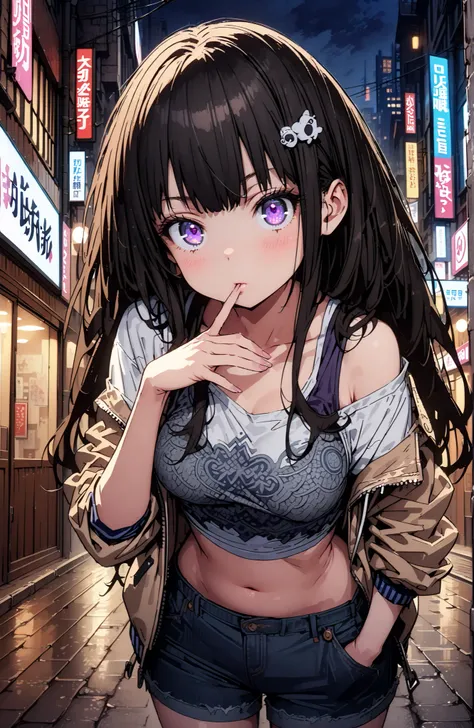 Takiuchikami, check it out, solo,long hair, bungs, black hair with a young pattern, purple eyes,Medium breast,close your mouth,riders jacket jacket,tank top for feet,sideboob,belly button stick,denim micro shorts,Bare legs,boots,hair accessory with both ha...