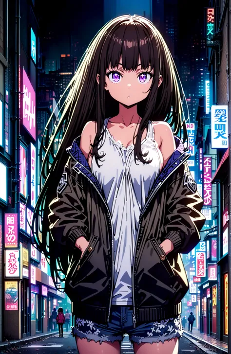 Takiuchikami, check it out, solo,long hair, bungs, black hair with a young pattern, purple eyes,Medium breast,close your mouth,Medium breast,riders jacket jacket,tank top for feet,sideboob,belly button stick,denim micro shorts,Bare legs,boots,hair accessor...
