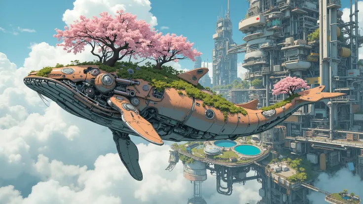 (masterpiece:1.3, top quality:1.3, detailed description:1.3, high quality:1.3),(1huge Robot whale\Metal body, trees of cherry blossom on the whale's back, Beautiful luster, beautiful metal details, precision machinery, moss growing, There are buildings and...