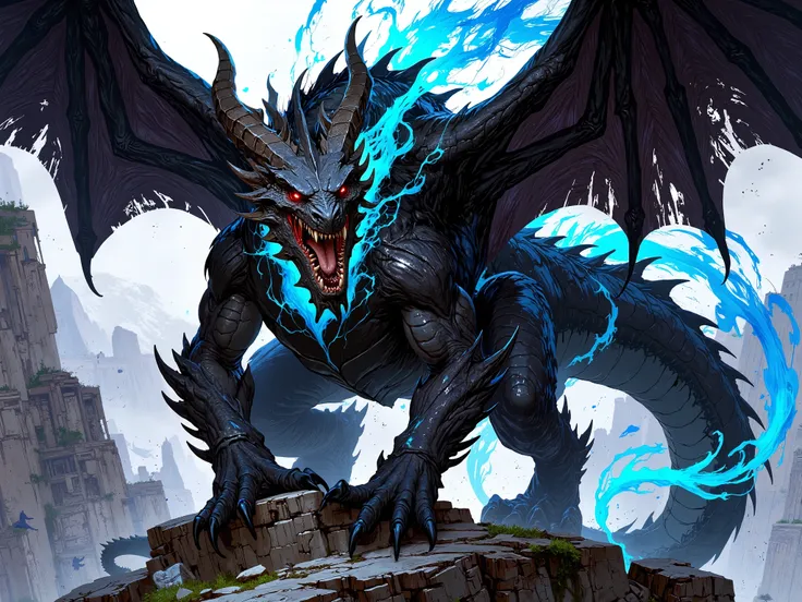 black dragon with open wings and blowing blue fire in the center of the screen, dragon red shine eyes, this dragon is on top of the stonehenges, dragon with two wings, four legs and three fingers on each leg, sharp teeth and colossal roar, dragon with very...