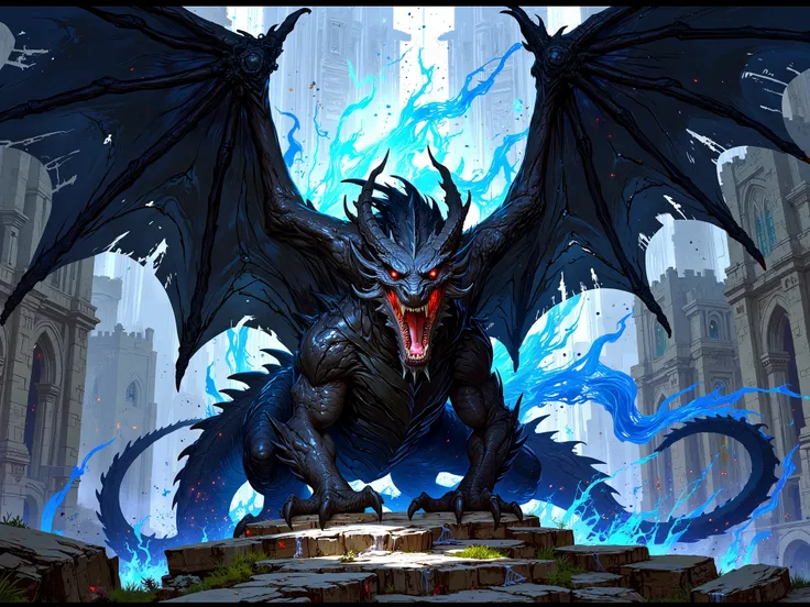 black dragon with open wings and blowing blue fire in the center of the screen, dragon red shine eyes, this dragon is on top of the stonehenges, dragon with two wings, four legs and three fingers on each leg, sharp teeth and colossal roar, dragon with very...