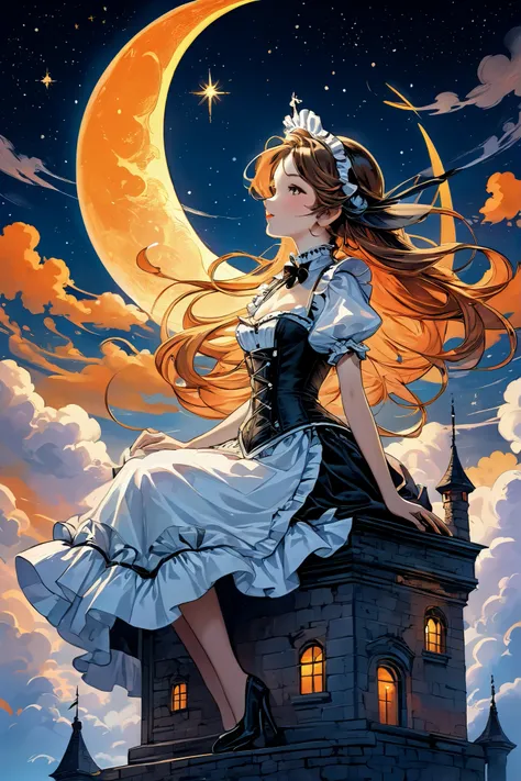 Elaborate illustration of maid with aura of loyalty, intricate detailed corset, profile, vivid contrasts, gentle touch rendering, exact detail, precision, fluffy clouds and crescent moon, single shooting star, (orange neon shooting star trails), high quali...