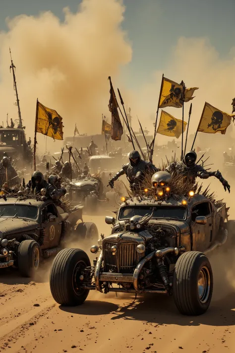 a lot vehicles and bike,Cars and bikes with flashy decorations are racing,Clashing violently,Spark, spiked cars,flags,Skull decoration,in Desert,post-apocalyptic,(Speed lines,Motion lines),heavily modified vehicle,massive wheels,spikes and armor plating,me...