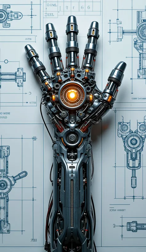 complete robotic human arm, biomechanical human arm made of titanium, gears, cables, LED lights, Blueprints of the design and development of a robotic human arm in the background, Top view, intricate details super detailed, hombro biomecánico, brazo robóti...