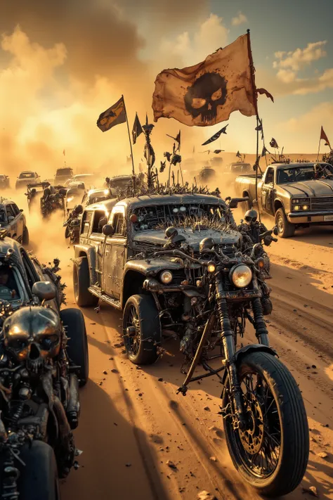 a lot vehicles and bike,Cars and bikes with flashy decorations are racing,Clashing violently,Spark, spiked cars,flags,Skull decoration,in Desert,post-apocalyptic,(Speed lines,Motion lines),heavily modified vehicle,massive wheels,spikes and armor plating,me...