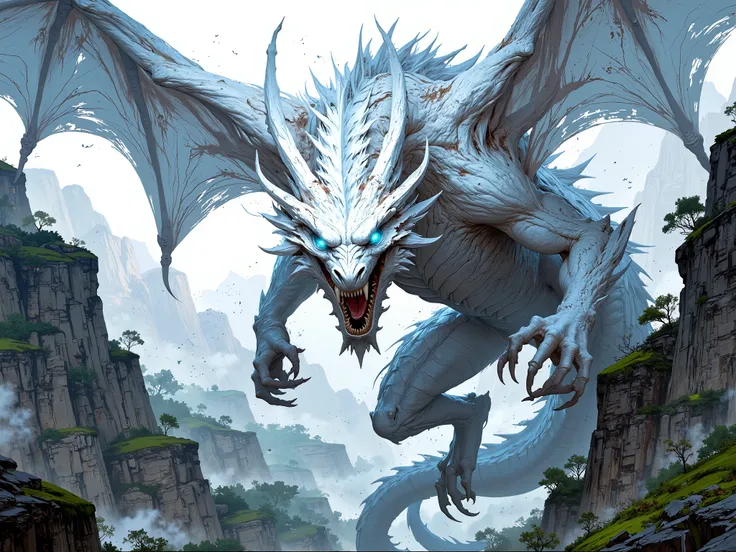 ((FULL BODY)), blue-eyed white dragon, very white dragon flying over forest mountains and enraged with its light blue eyes, RPG character, 4k, Unreal engine, intricate, highly detailed, beautiful lighting, advanced quality, 8k, trending artstation, profess...