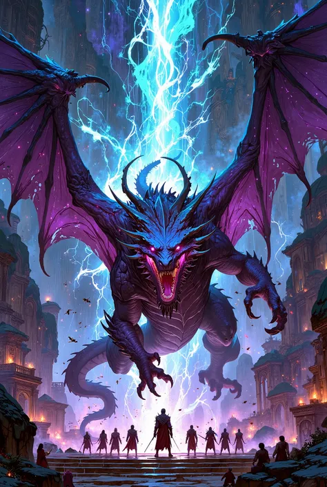((FULL BODY)), cosmic and celestial dragon being worshiped and venerated by a group of religious people who are as small as ants next to him, group kneeling before the cosmic dragon in the center of the temple and looking at the religious people below him,...