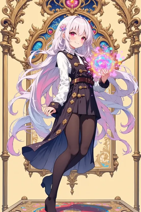 tarot card style、Wear an aura like a pale aurora、Wear an aura like a pale aurora that makes a ball made by magic light up in your right hand、 Wizard Outfit、The Wizard of Darkness、Dark Magic、An overall dark and meaningful work、red eyes