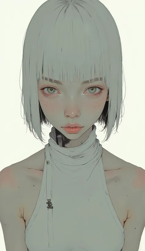 Super zoom up to the face、short, white hair. that person wears a white halter top, Digital artwork depicting a person wearing a white halter top。muscular shoulders and upper back, Everything other than the skin blends into the white background with strong...