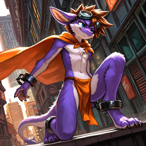 no lighting , deep shadow , dynamic angle , male , Furry , dragon, spiked brown hair only on head , blue eyes , goggles , orange loincloth , orange cape , masterpiece , detail body , purple fur all over body , detailed face , detailed eyes , detailed hands...